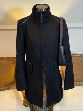 Zara Basic Black Women's Stand-Collar Wool Coat with Gold Metal Trim Size M/L
